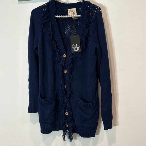 NWT CHASER Navy Blue Fringe Crochet Cable Knit Boho button front Sweater Medium - Picture 6 of 6